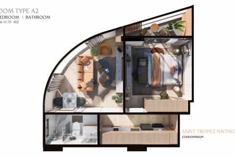 1-комнатная квартира в Saint Tropez Naithon Пхукет, Таиланд, 47 м2