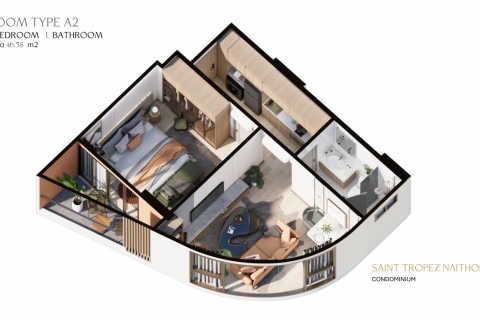 1-комнатная квартира в Saint Tropez Naithon Пхукет, Таиланд, 47 м2