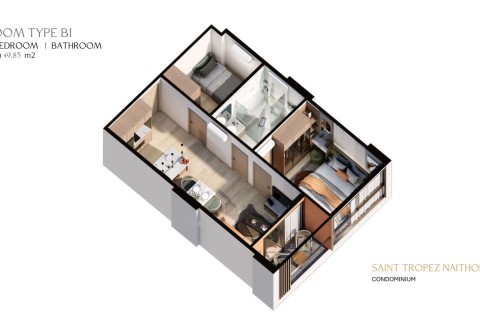 2-комнатная квартира в Saint Tropez Naithon Пхукет, Таиланд, 50 м2