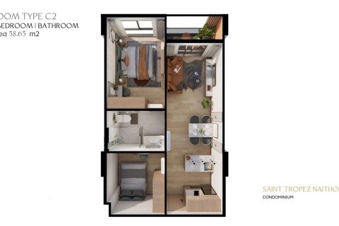 2-комнатная квартира в Saint Tropez Naithon Пхукет, Таиланд, 59 м2