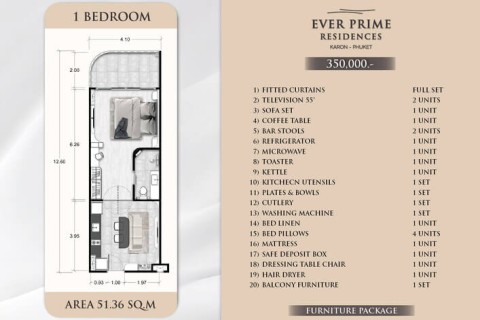 1-комнатная квартира в Ever Prime Residences, Пхукет, Таиланд, 51 м2